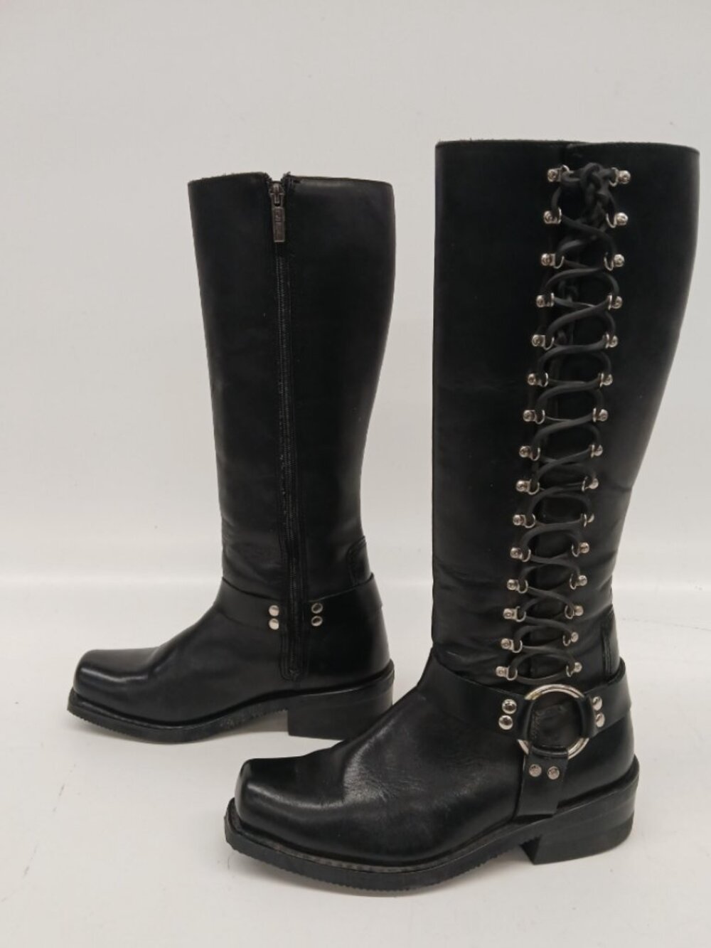 Harley-Davidson Women's Tall Lace Detail Zip Black Leather Motorcycle Boots 9.5